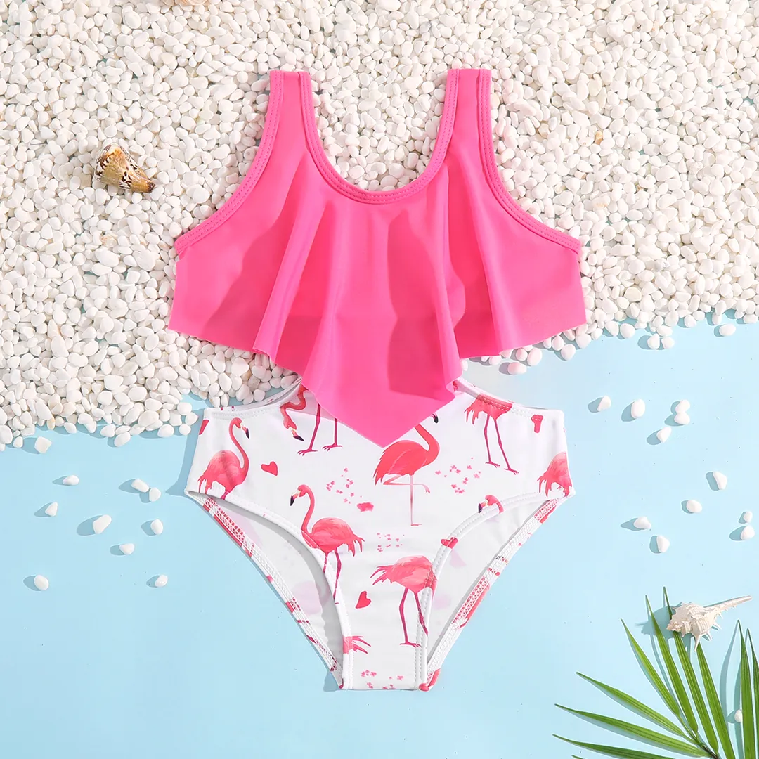 

Toddler Girl Flamingo Print Ruffled Onepiece Swimsuit