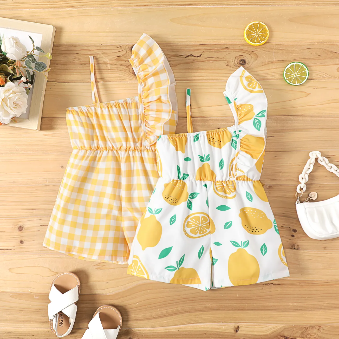 Toddler Girl Plaid / Lemon Print Ruffled One-Shoulder Romper Shorts  BrightYellow image 2