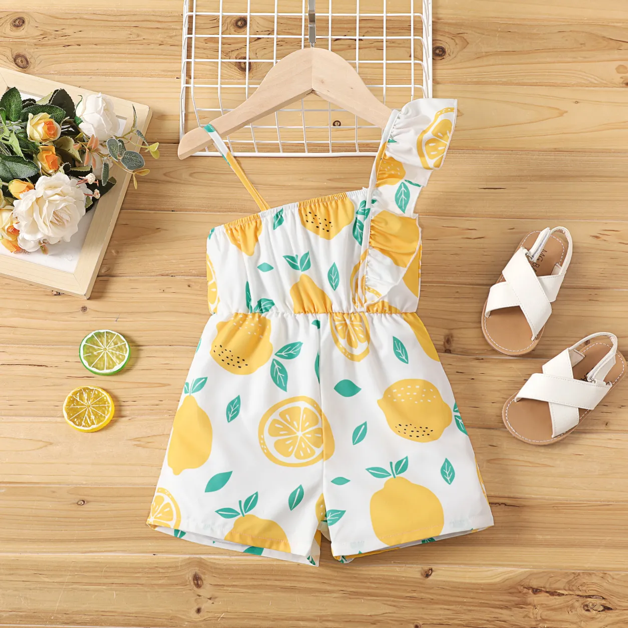 Toddler Girl Plaid / Lemon Print Ruffled One-Shoulder Romper Shorts  BrightYellow big image 1