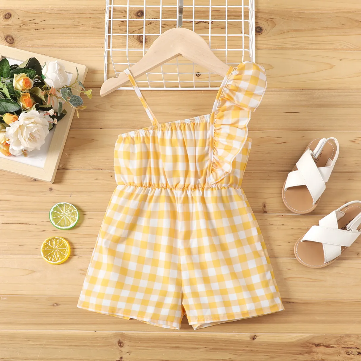 Toddler Girl Plaid / Lemon Print Ruffled One-Shoulder Romper Shorts