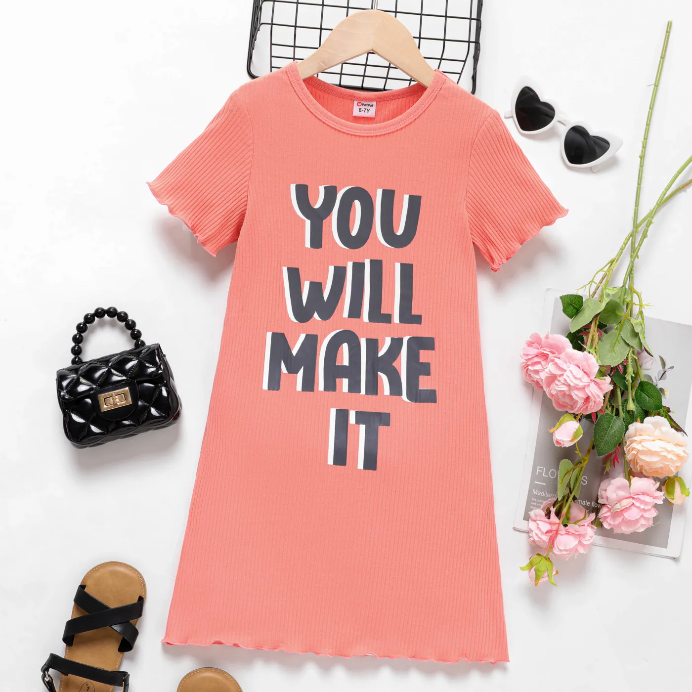 Kid Girl Letters Print Ribbed Ruffle Short-sleeve Tee Pink