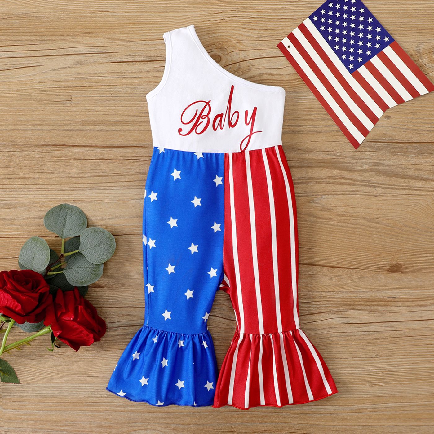 

Independence Day Baby Girl Cotton Letters Print Flared Jumpsuit