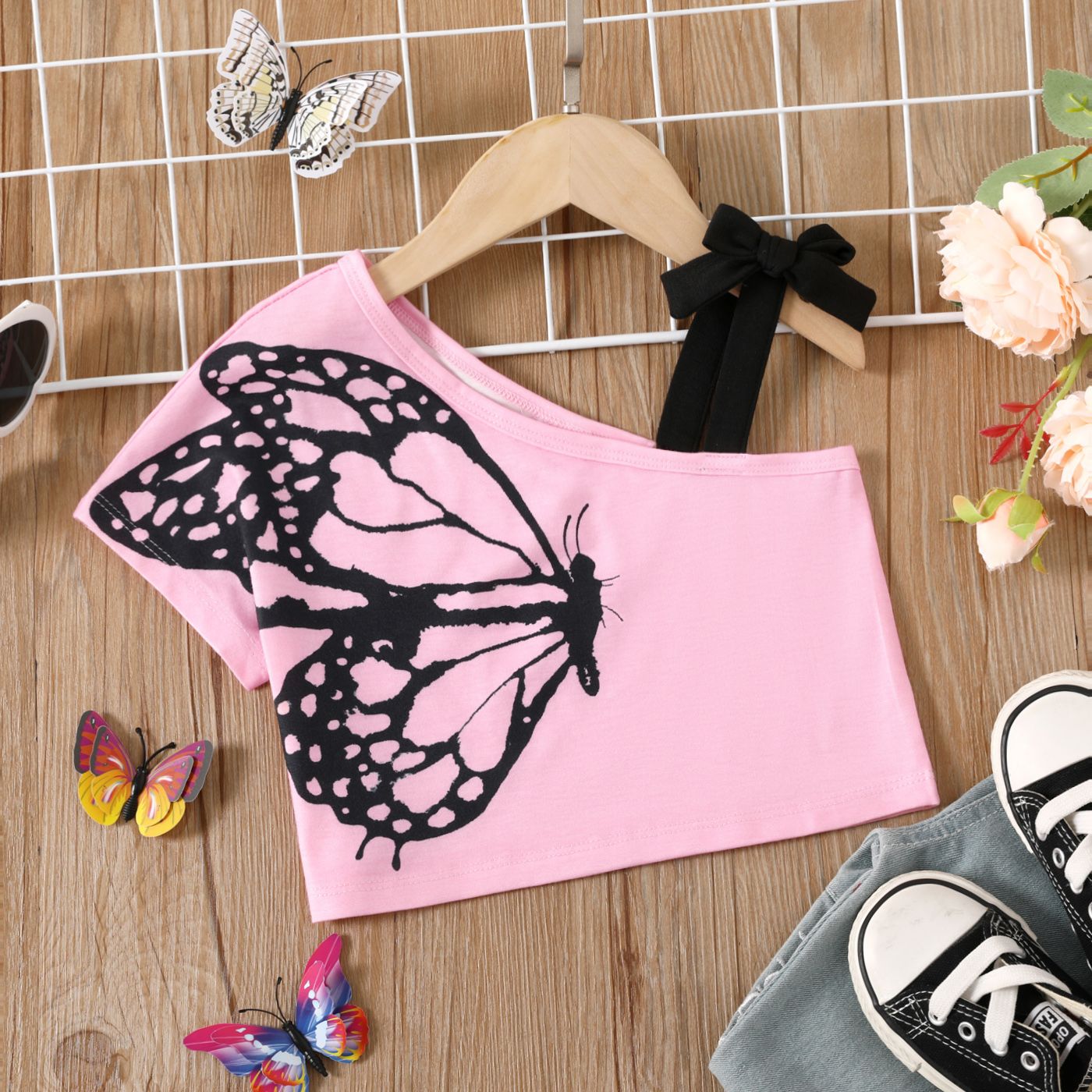 toddler girl butterfly print short-sleeve one-shoulder tee