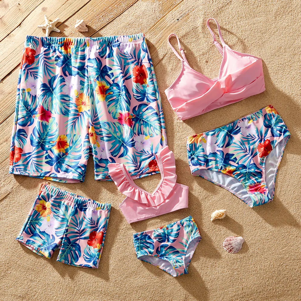Family Matching Plant Print Crisscross Front Two-piece Swimsuit or Swim Trunks Shorts  big image 2