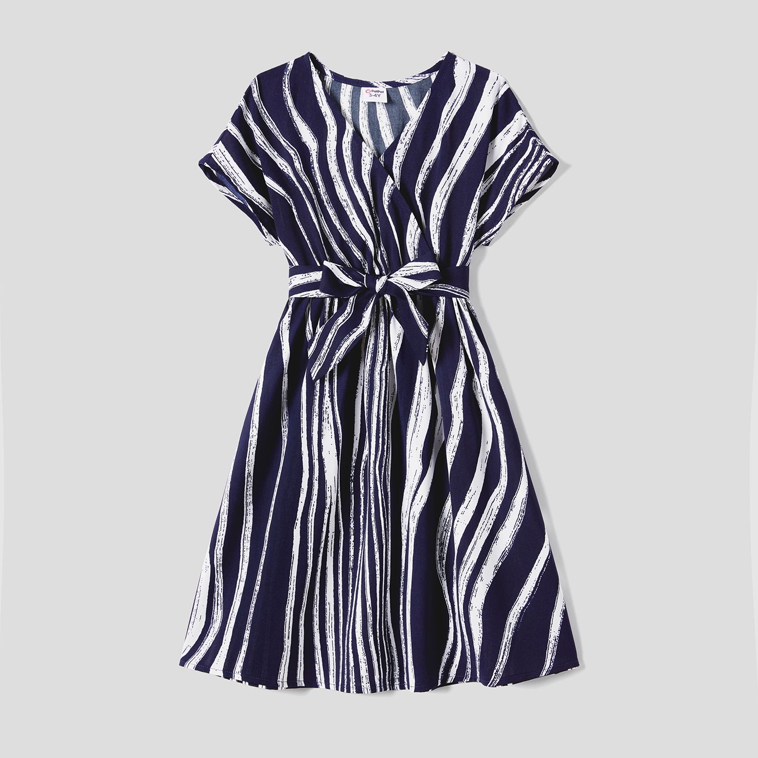 Family Matching Belted Striped Short-sleeve Dresses and Cotton Colorblock Short-sleeve T-shirts Sets