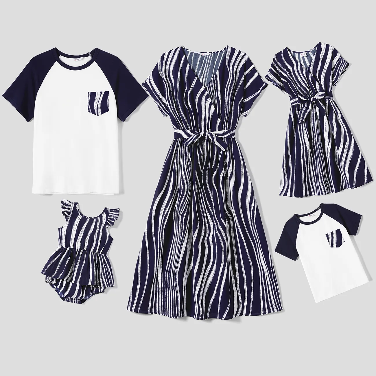 Family Matching Belted Striped Short-sleeve Dresses and Cotton Colorblock Short-sleeve T-shirts Sets royalblue big image 1