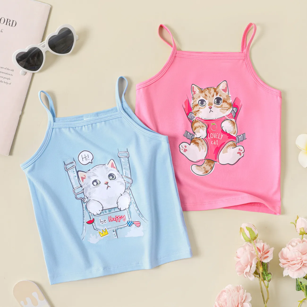 Toddler Girl Cute Cat Print Cami Top  Pink big image 1