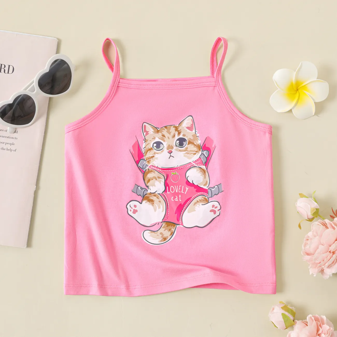 Toddler Girl Cute Cat Print Cami Top  Pink big image 1
