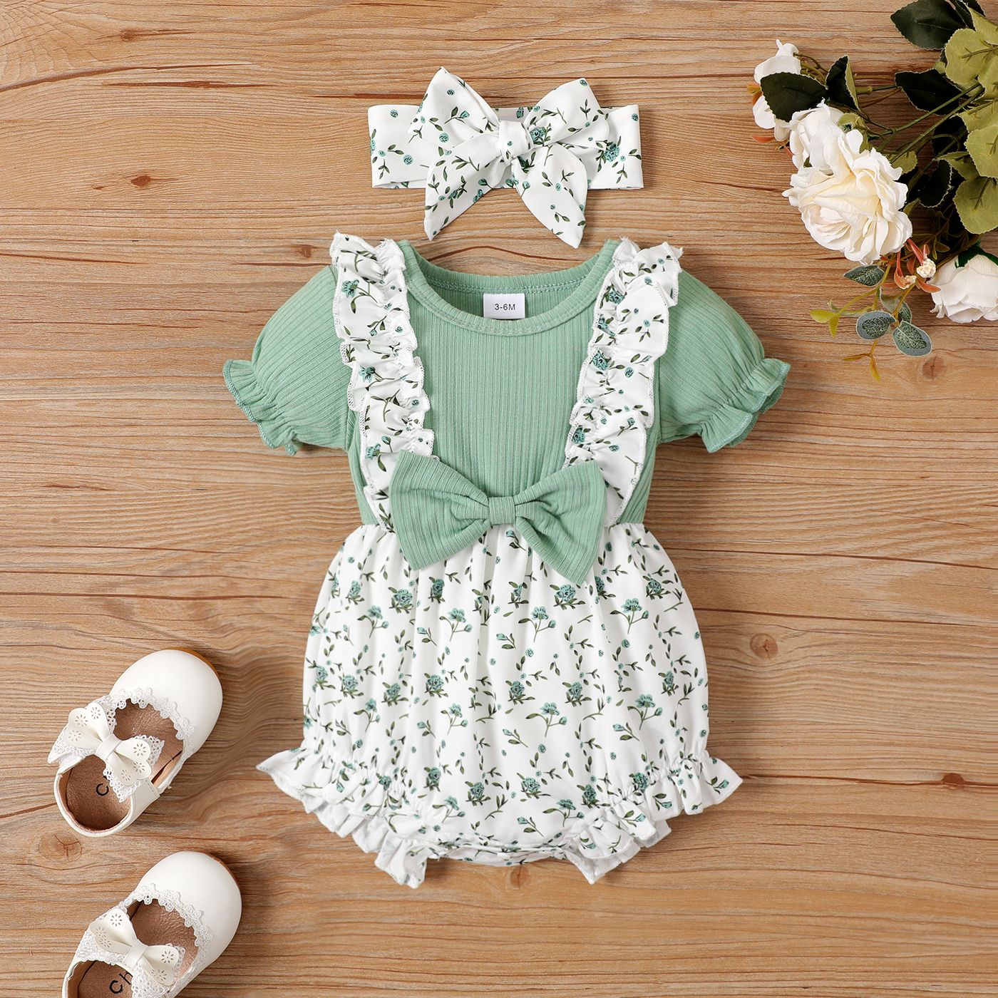 2pcs Baby Girl Ruffle Ribbed Allover Floral Print Puff-sleeve Romper and Headband Set