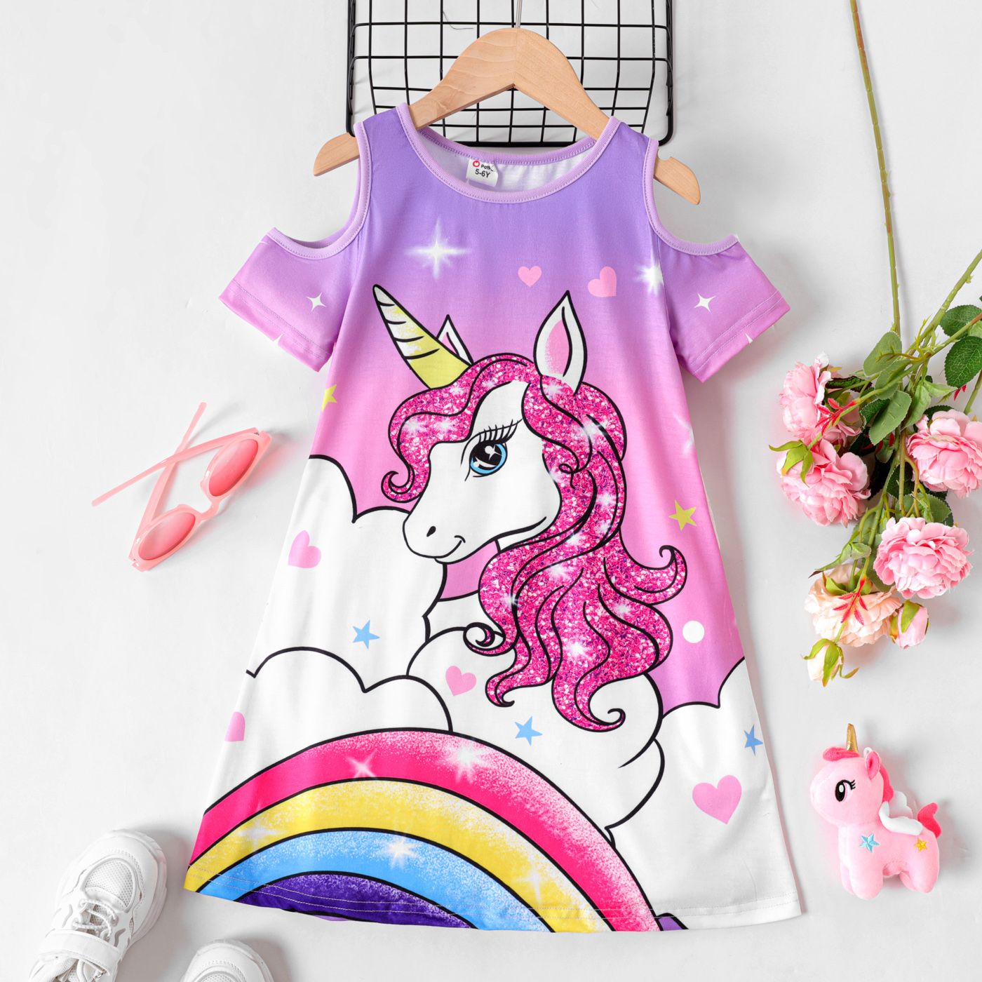 Kid Girl Unicorn & Rainbow Print Cold Shoulder Dress