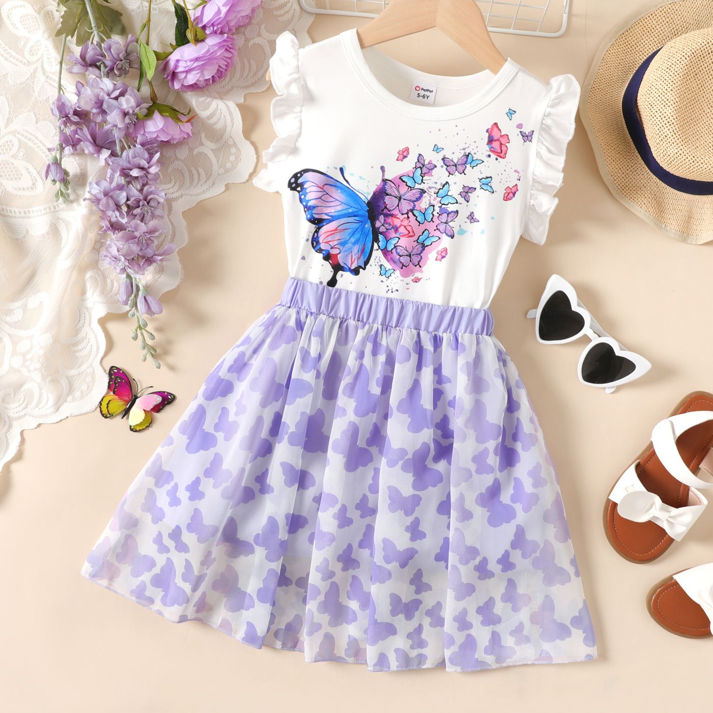 2pcs Kid Girl Butterfly Print Ruffle-sleeve Top And Skirt Set