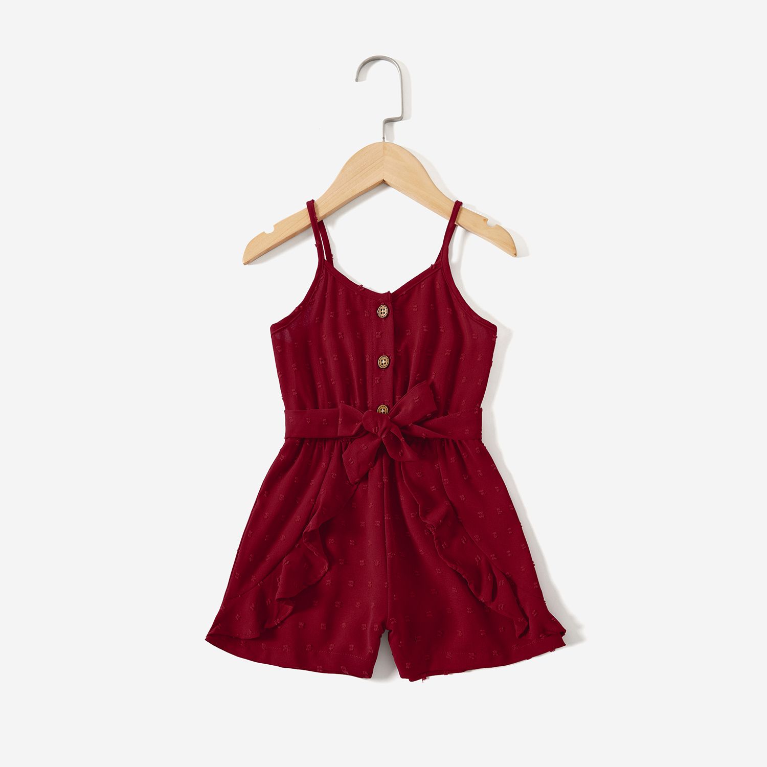Mommy And Me Red Swiss Dot Ruffle Trim Belted Cami Rompers