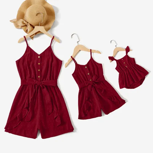Mommy and Me Red Swiss Dot Ruffle Trim Belted Cami Rompers