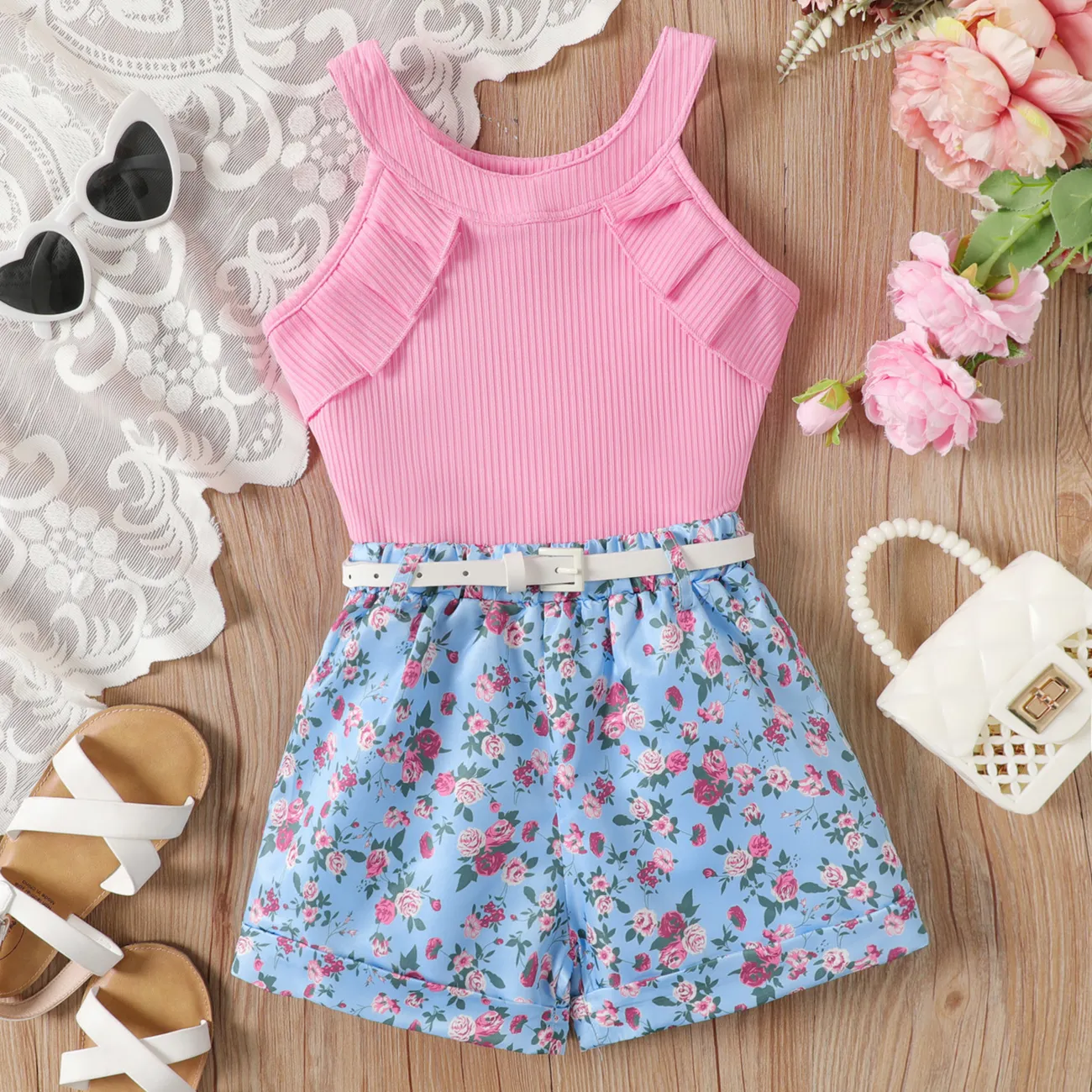 2pcs Kid Girl Ruffled Rib-knit Halter Neck Top and Floral Print Belted Shorts Set big image 1