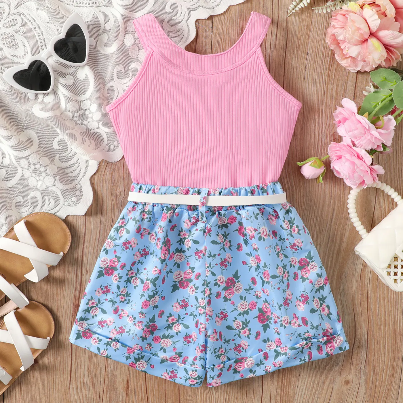 2pcs Kid Girl Ruffled Rib-knit Halter Neck Top and Floral Print Belted Shorts Set    image 5