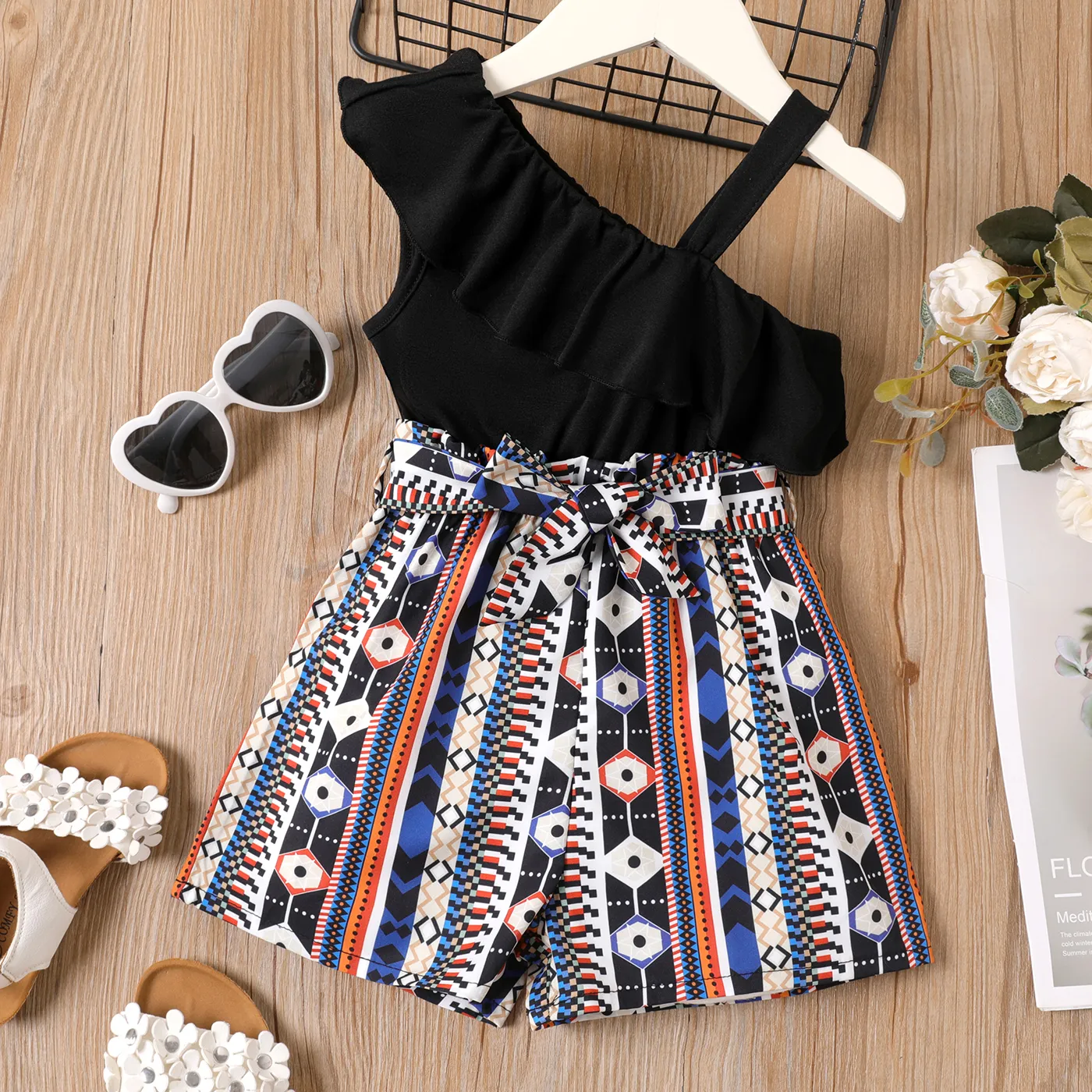 Toddler Girl Ethnic Pattern Sloping Shoulders Single Slip Belted Romper Black big image 1