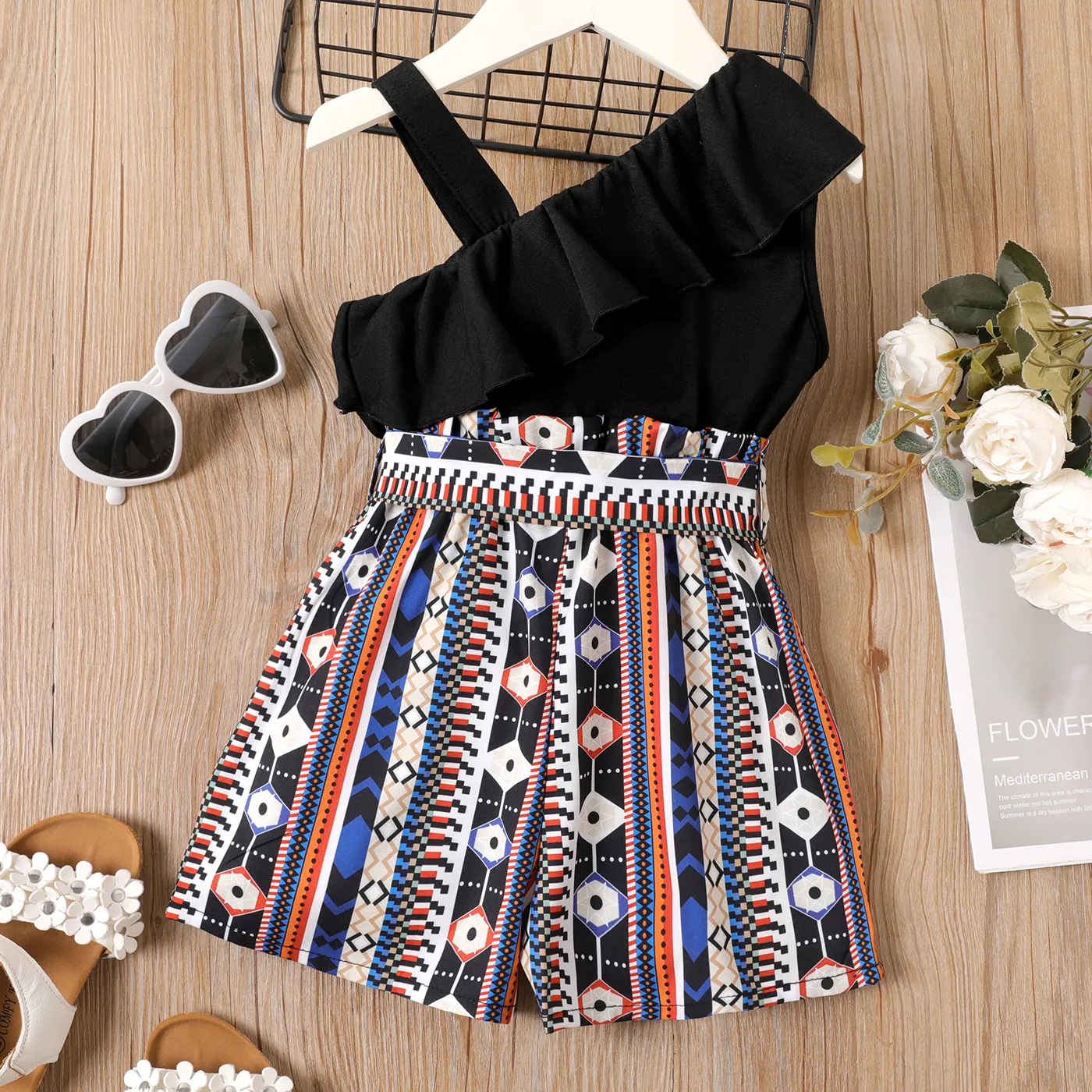 Toddler Girl Ethnic Pattern Sloping Shoulders Single Slip Belted Romper Black image 2