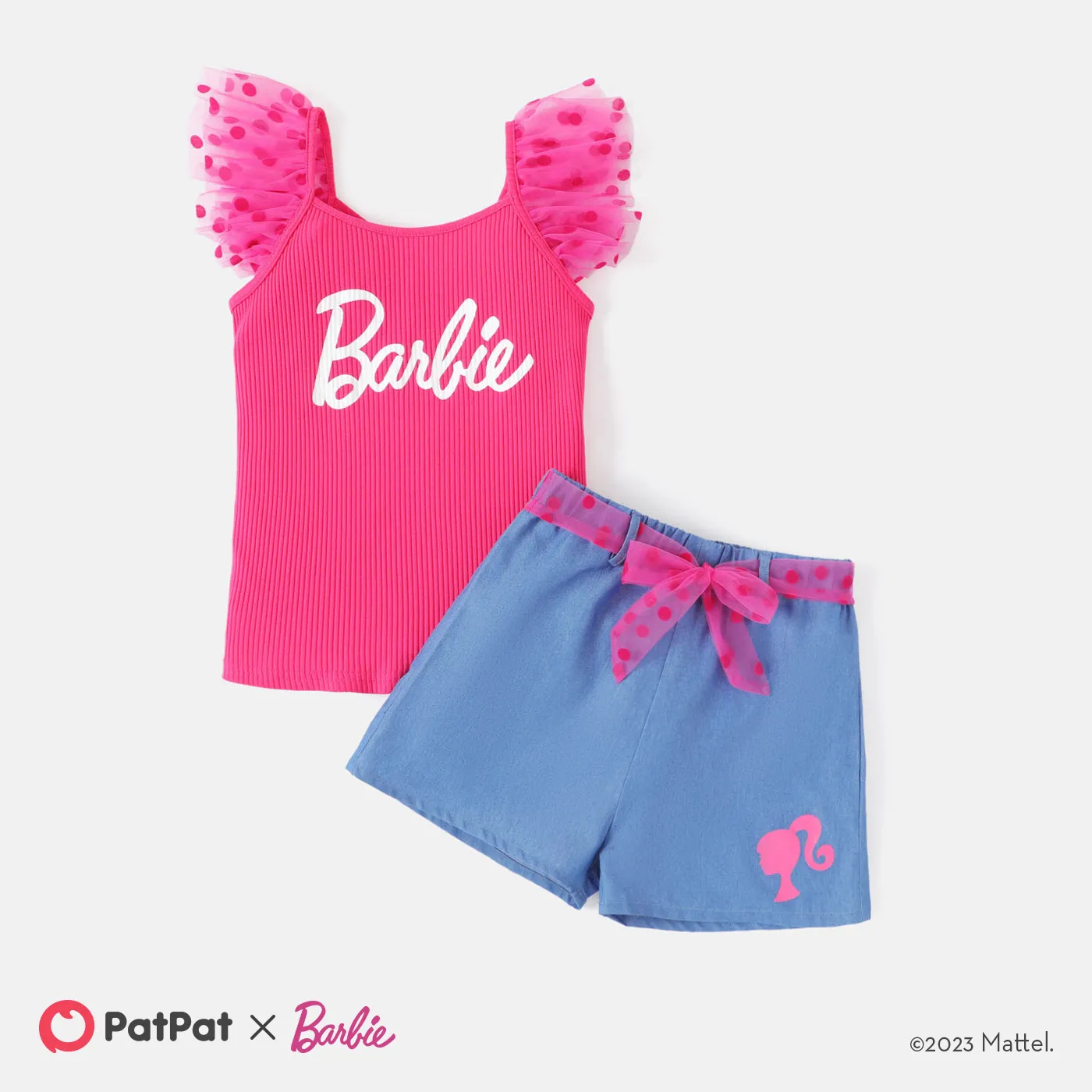 Barbie Toddler/Kid Girl 2pcs Letter Print Polka Dots Mesh Sleeve Ribbed Top and Belted Shorts Set Hot Pink big image 1