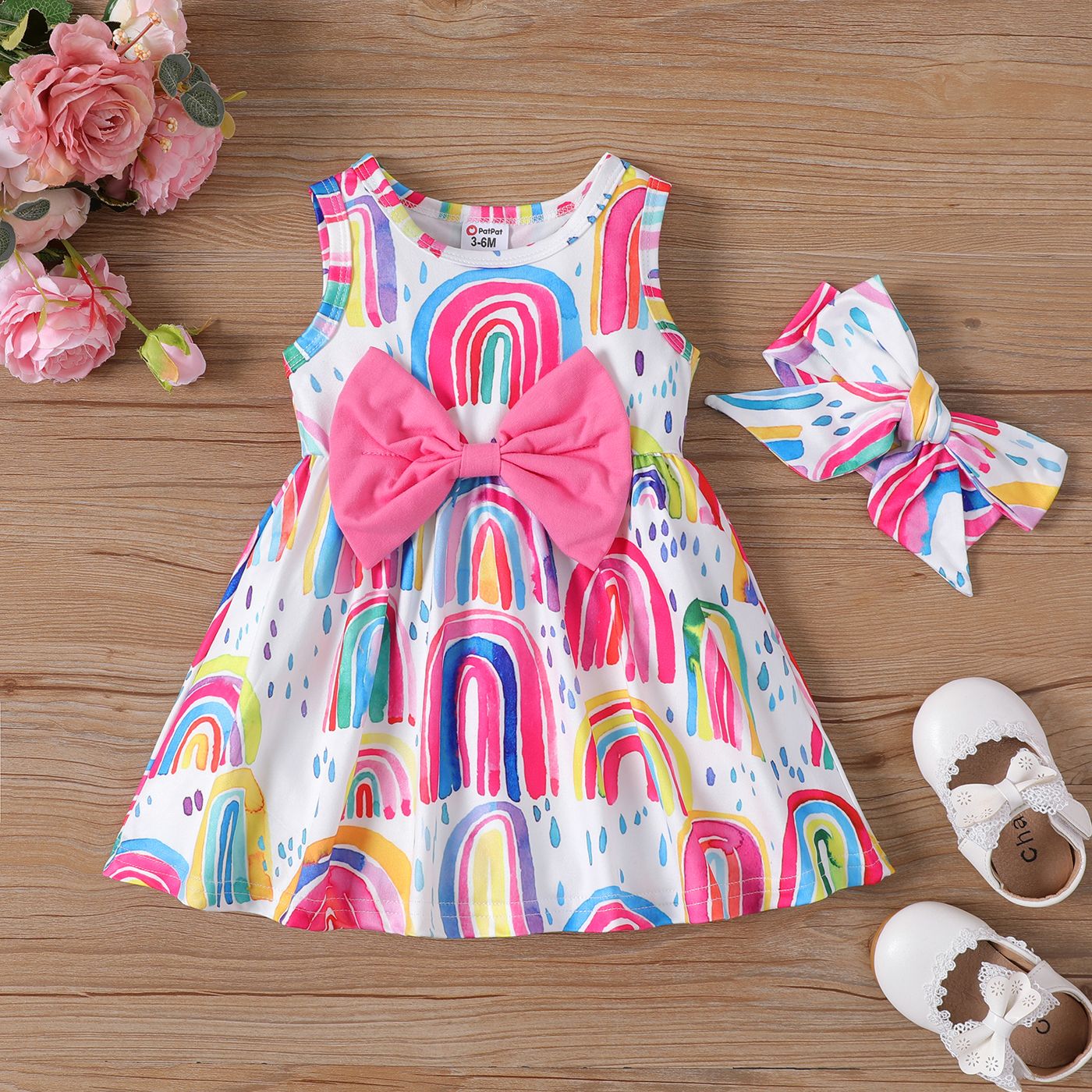 

2pcs Baby Girl Allover Rainbow Print Bow Decor Sleeveless Dress and Headband Set