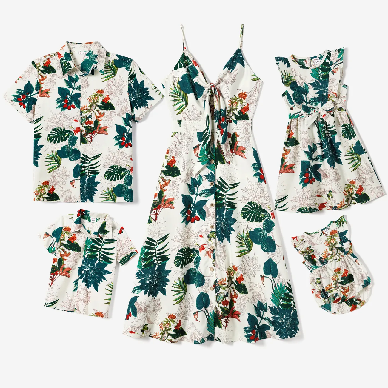 Family Matching Allover Plant Floral Print Dresses and Short-sleeve Shirts Sets Green big image 1