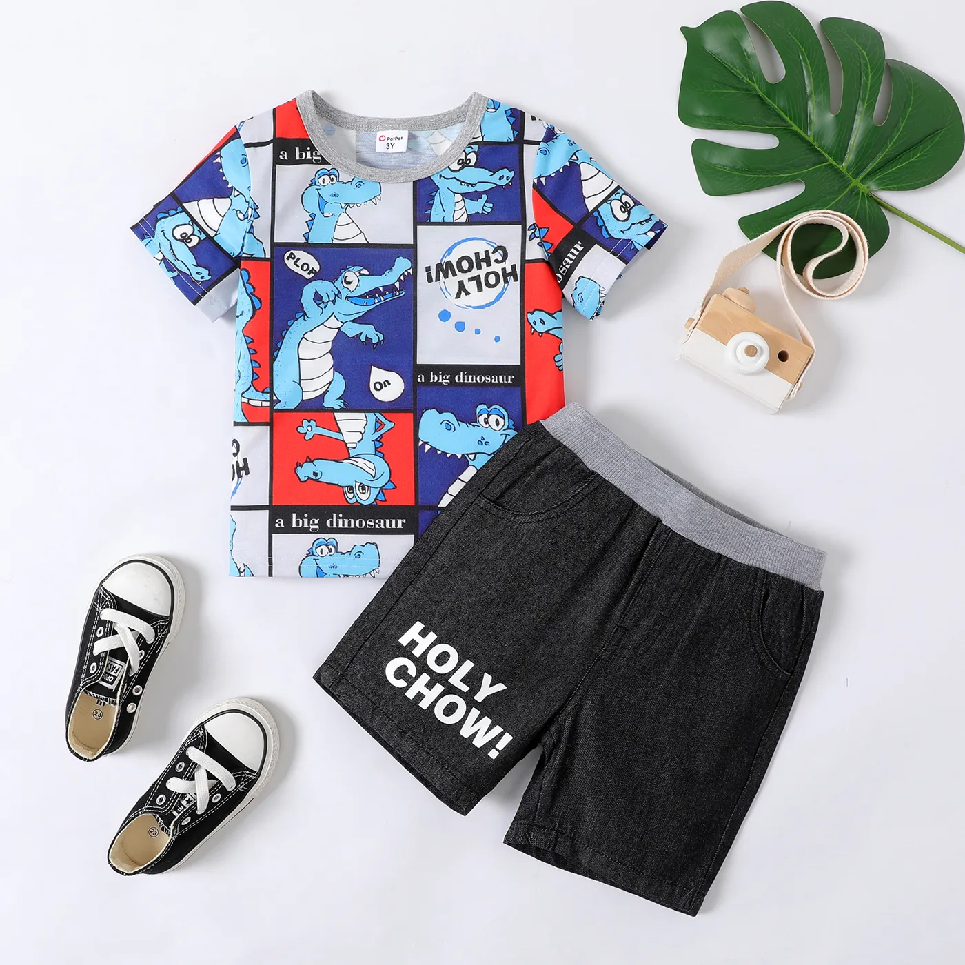 2pcs Toddler Boy Dinosaur Print Short-sleeve Tee and Letter Print Denim Shorts Set   ColorBlock big image 1