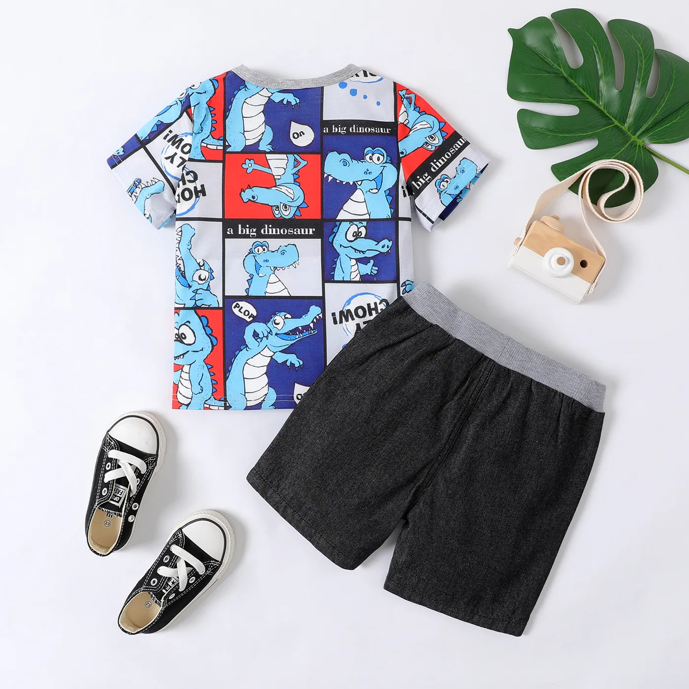 2pcs Toddler Boy Dinosaur Print Short-sleeve Tee and Letter Print Denim Shorts Set   ColorBlock image 2