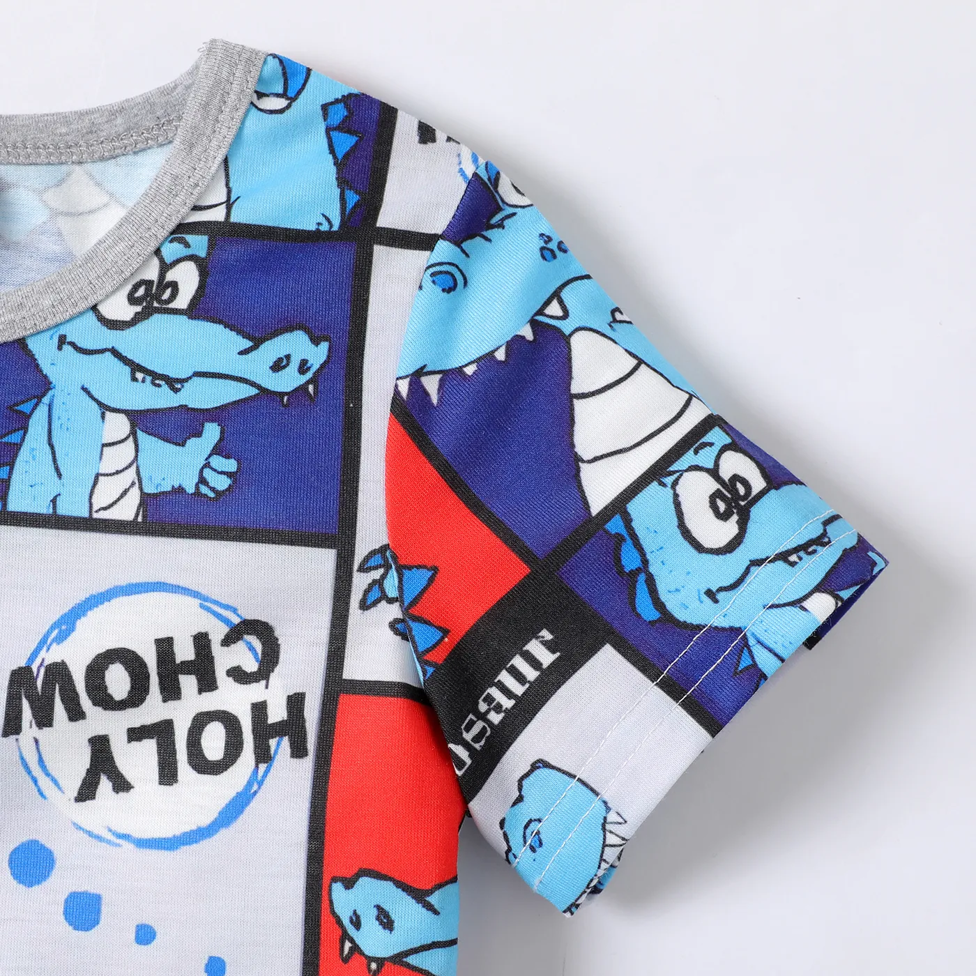 2pcs Toddler Boy Dinosaur Print Short-sleeve Tee and Letter Print Denim Shorts Set   ColorBlock image 3