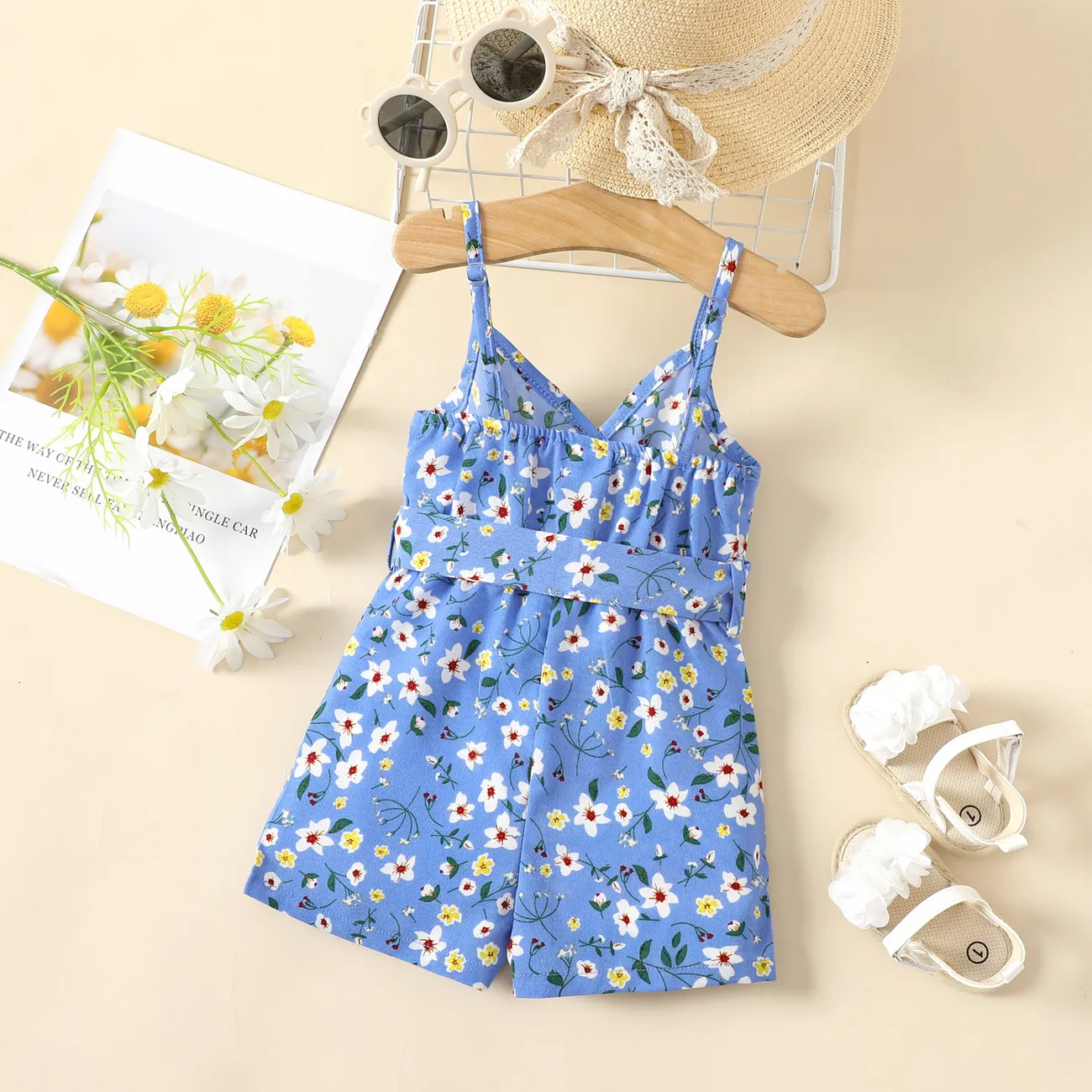 Baby Girl Allover Floral Print Belted Slip Romper Blue big image 1