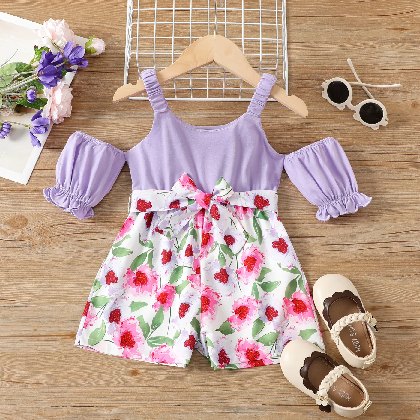 

Toddler Girl Floral Print Belted Cold Shoulder Cami Romper