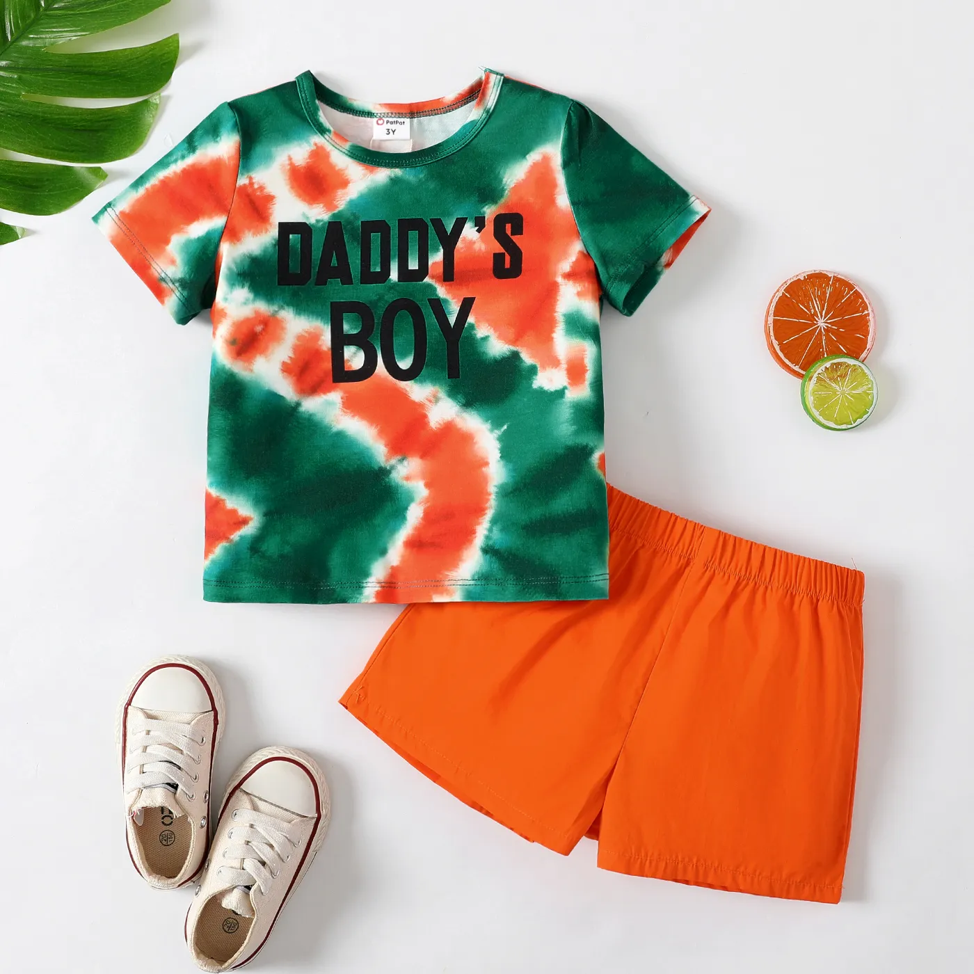 2pcs Toddler Boy Letter Print Tie Dye Short-sleeve Tee and 100% Cotton Shorts Set 