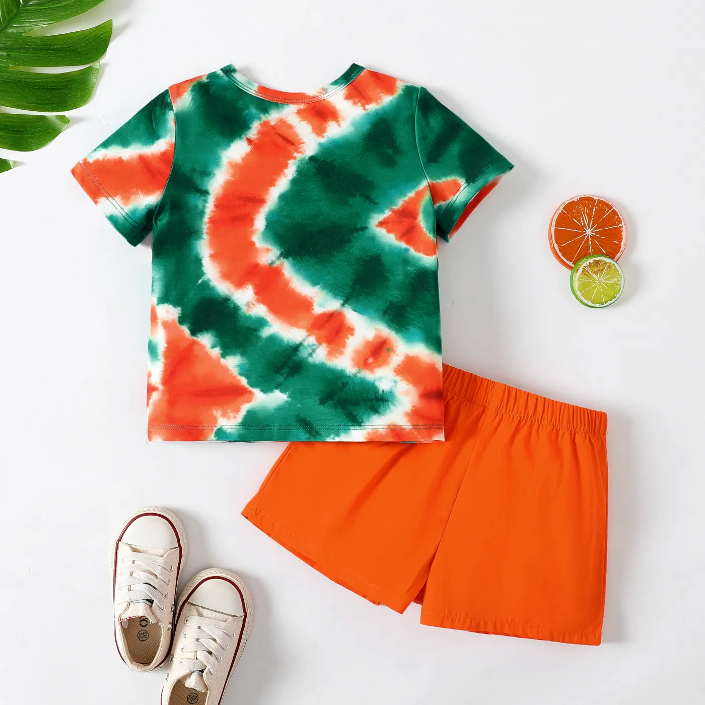 2pcs Toddler Boy Letter Print Tie Dye Short-sleeve Tee and 100% Cotton Shorts Set  Orange image 2