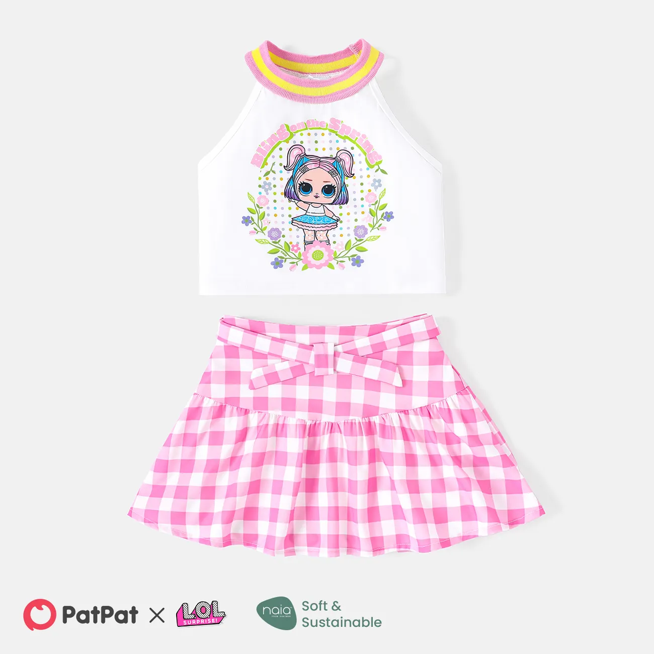 L.O.L. SURPRISE! Toddler/Kid Girl 2pcs Naia™ Character Print Halter Top and Belted Plaid Skirt Set PinkyWhite big image 1