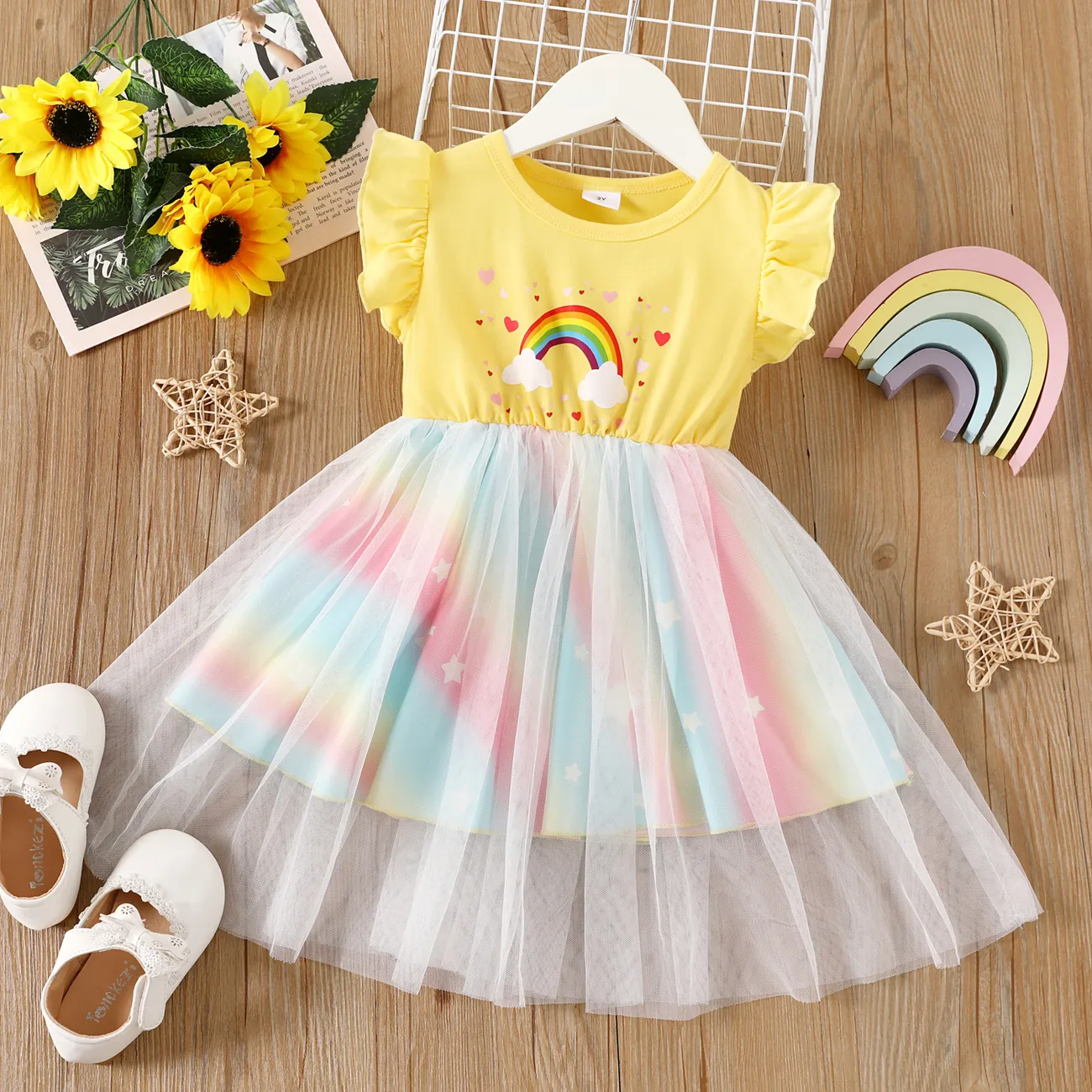 Toddler Girl Rainbow Pattern Mesh Overlay Flutter-sleeve Fairy Dress  big image 1