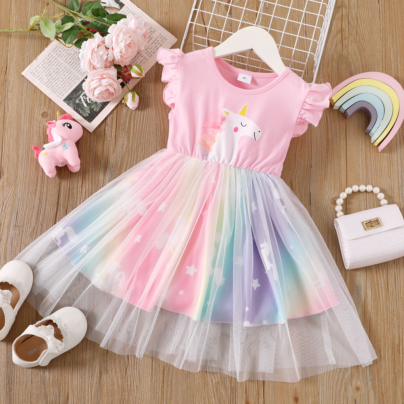 

Toddler Girl Unicorn Pattern Mesh Overlay Flutter-sleeve Fairy Dress