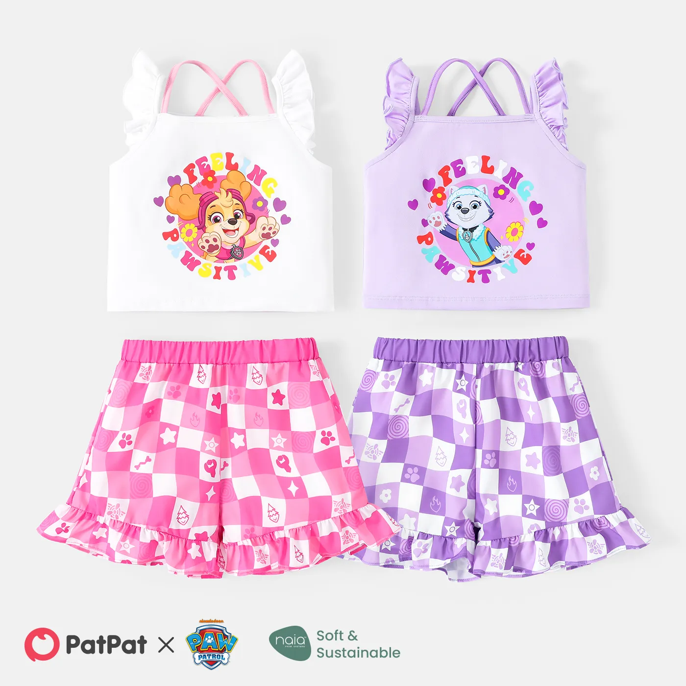 PAW Patrol Toddler Girl 2pcs Flutter-sleeve Top and Ruffle Hem Plaid Shorts Set