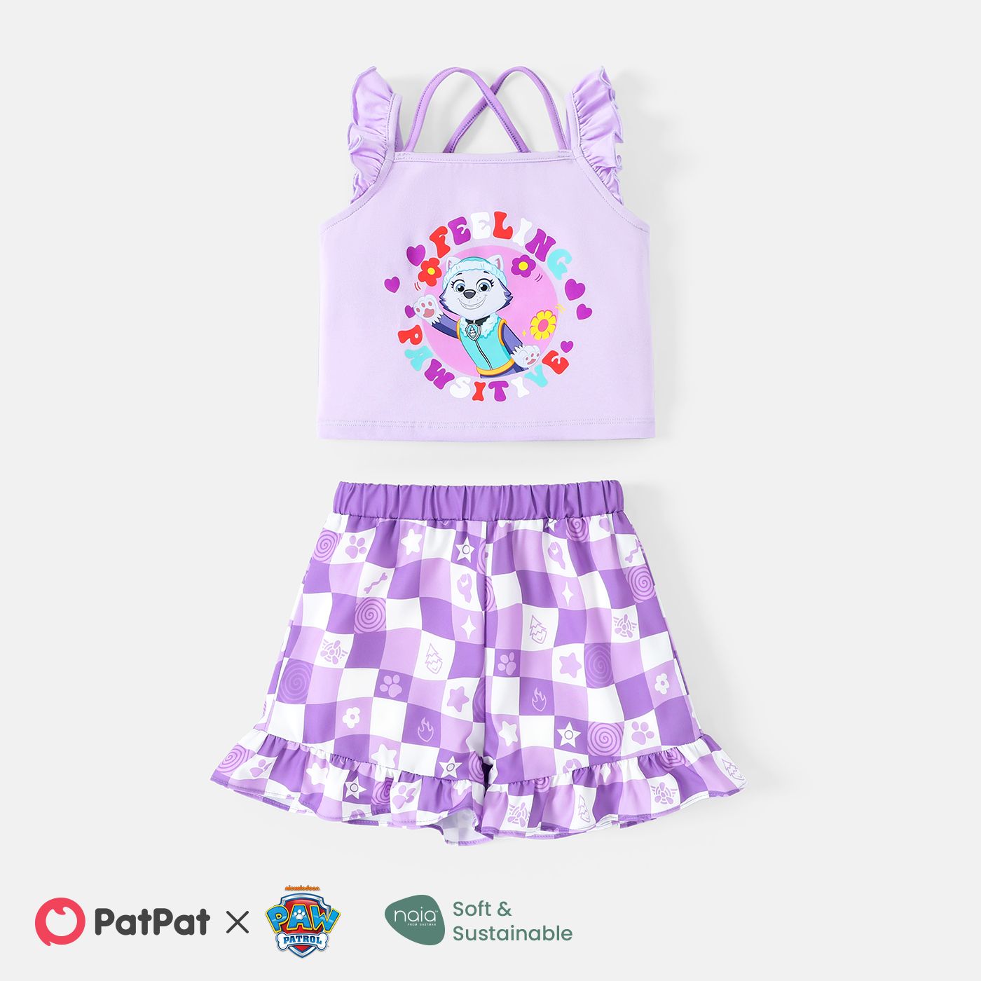 paw patrol toddler girl 2pcs flutter-sleeve top and ruffle hem plaid shorts set