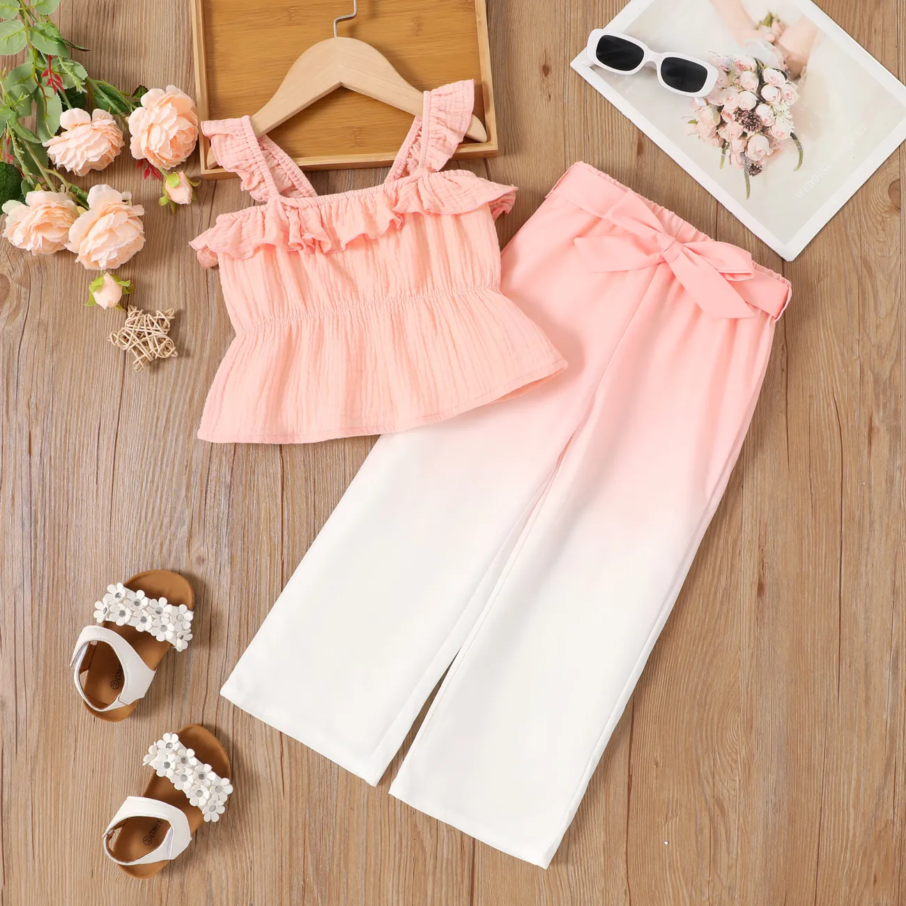 2pcs Toddler Girl Ruffled Crepe Camisole and Belted Gradient Color Pants Set Pink big image 1