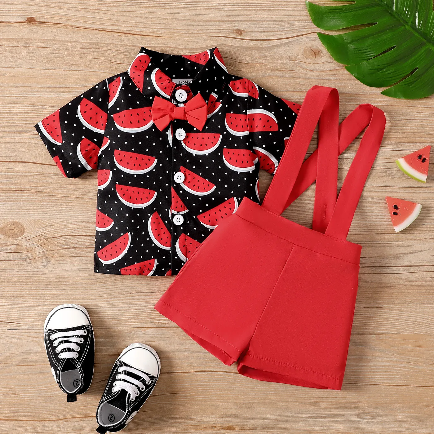 

2pcs Baby Boy Allover Watermelon Print Front Buttons Lapel Neck Short-sleeve Top and Solid Strappy Shorts Set