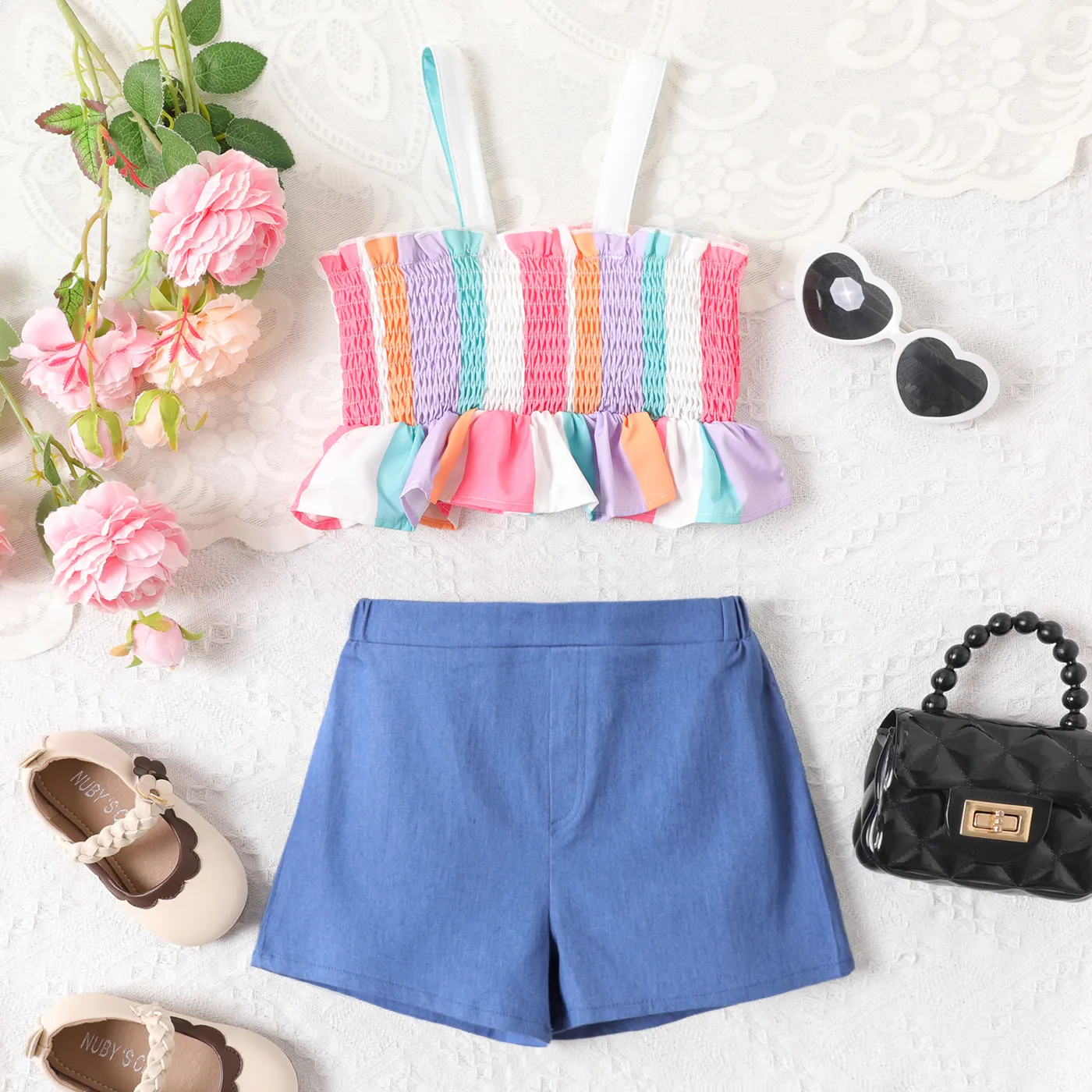 

2pcs Toddler Girl Colorful Stripe Ruffle Hem Smocked Cami Top and Solid Shorts Set