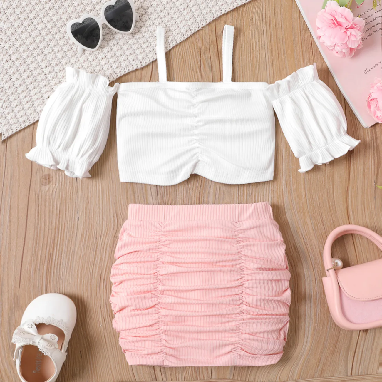 2pcs Toddler Girl Off-Shoulder Rib-knit Cami Top and Ruched Bodycon Skirt Set   Pink big image 1