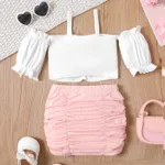 2pcs Toddler Girl Off-Shoulder Rib-knit Cami Top and Ruched Bodycon Skirt Set   Pink image 2