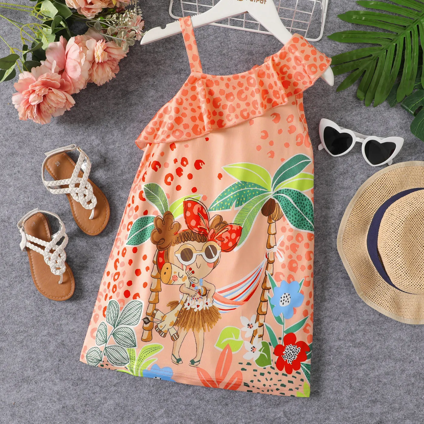 Kid Girl Leopard & Figure & Plant & Floral Print Ruffled One-Shoulder Slip Dress Orange big image 1