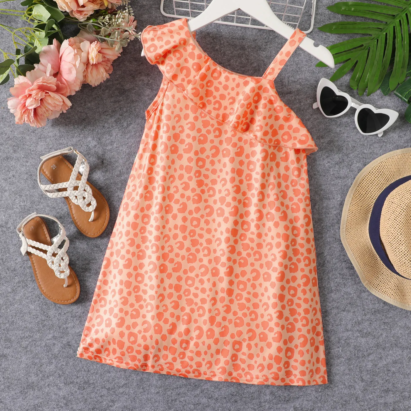 Kid Girl Leopard & Figure & Plant & Floral Print Ruffled One-Shoulder Slip Dress Orange image 5