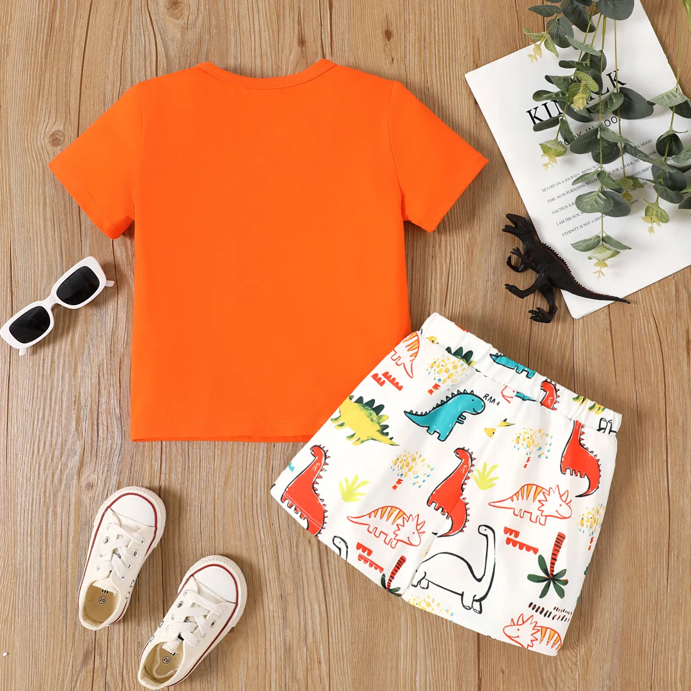 2pcs Toddler Boy Dinosaur Print Short-sleeve Tee and Allover Dinosaur Print Shorts Set  Orange image 2