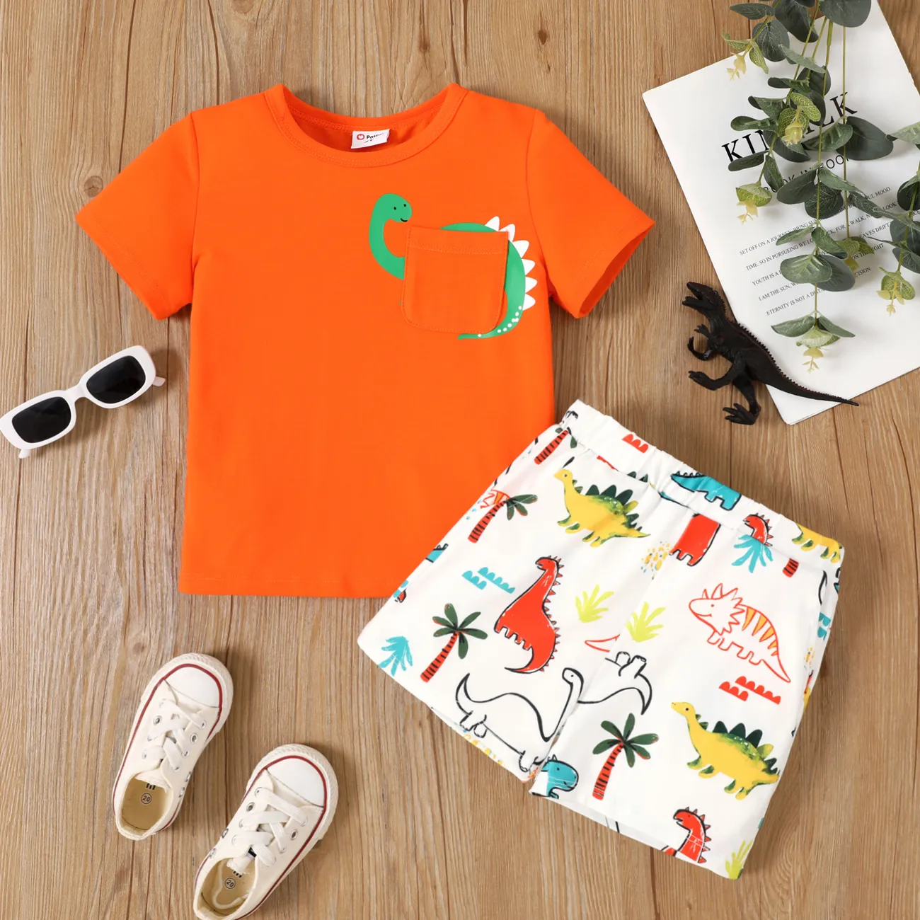 2pcs Toddler Boy Dinosaur Print Short-sleeve Tee and Allover Dinosaur Print Shorts Set  Orange big image 1