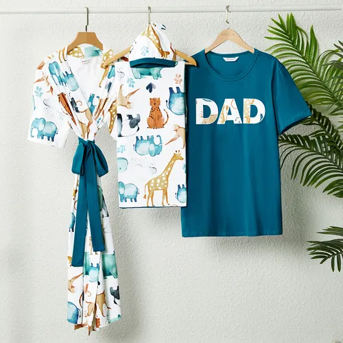 Family Matching Allover Animal Print Half-sleeve Belted Robe & Swaddle Blanket & Letter Print Short-sleeve Tee Sets