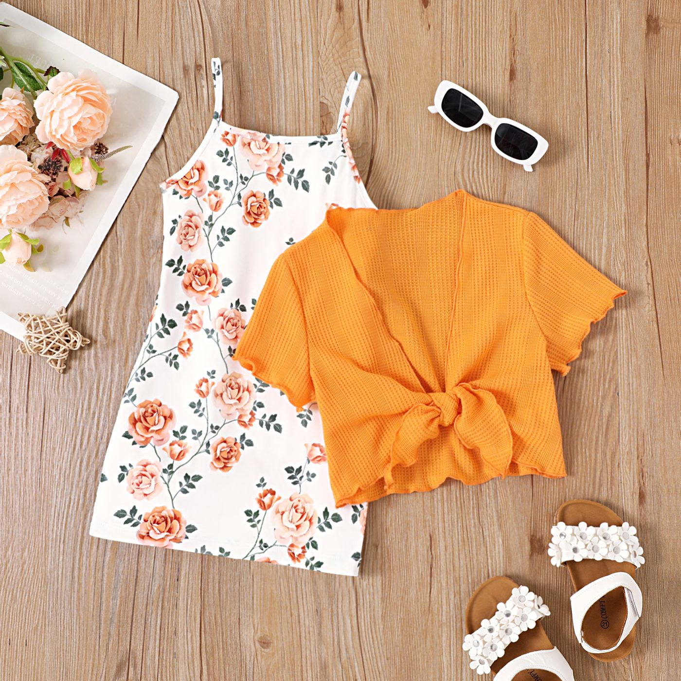 

2pcs Toddler Girl Allover Floral Print Slip Dress and Waffle Cardigan Set