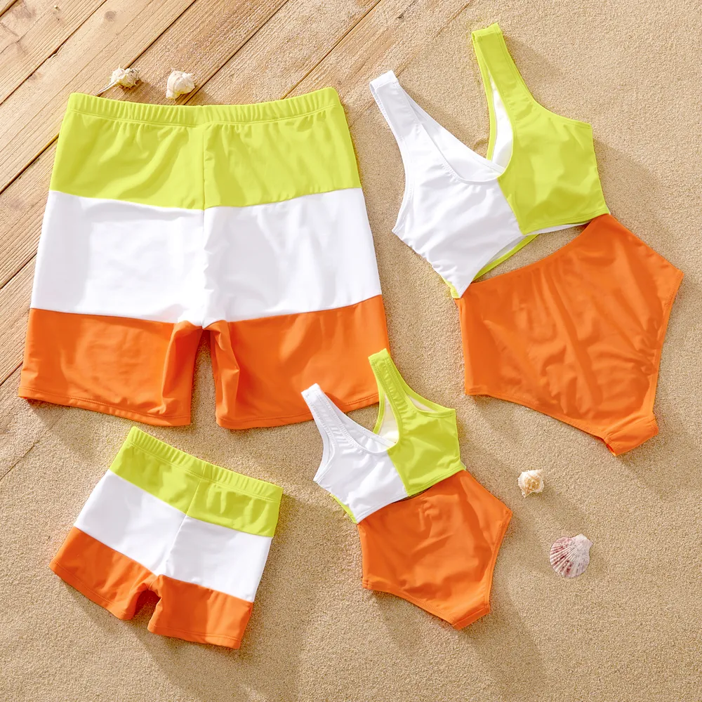 Family Matching Color Block Criss Cross Front One-piece Swimsuit or Swim Trunks Shorts  big image 3
