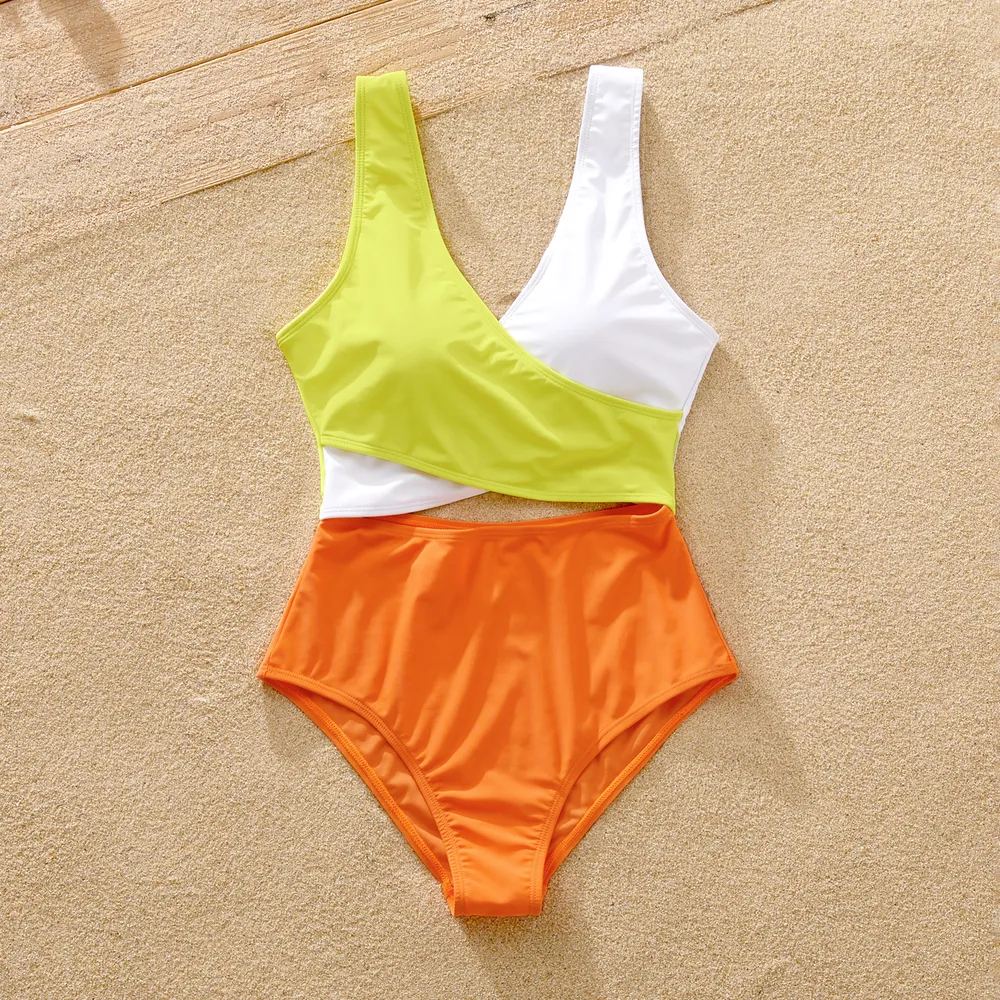 Family Matching Color Block Criss Cross Front One-piece Swimsuit or Swim Trunks Shorts  big image 11