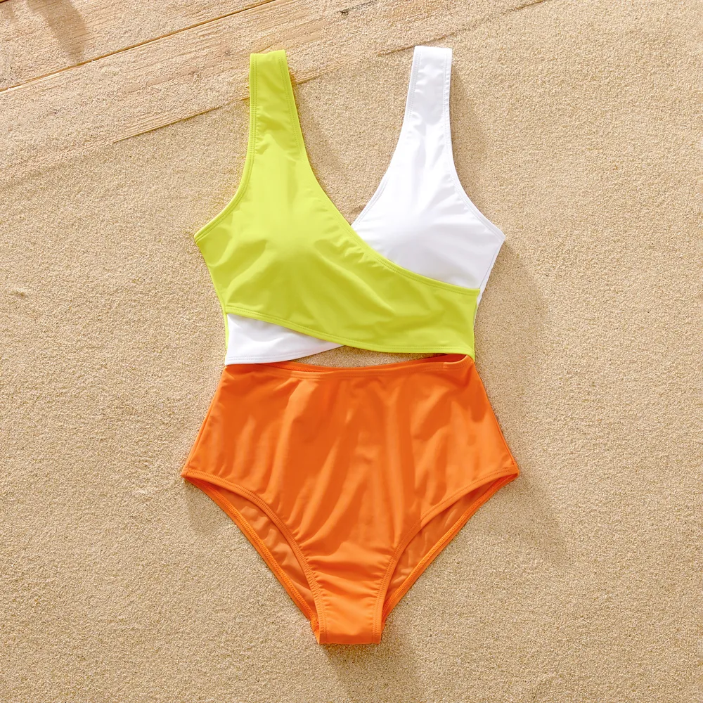 Family Matching Color Block Criss Cross Front One-piece Swimsuit or Swim Trunks Shorts big image 11